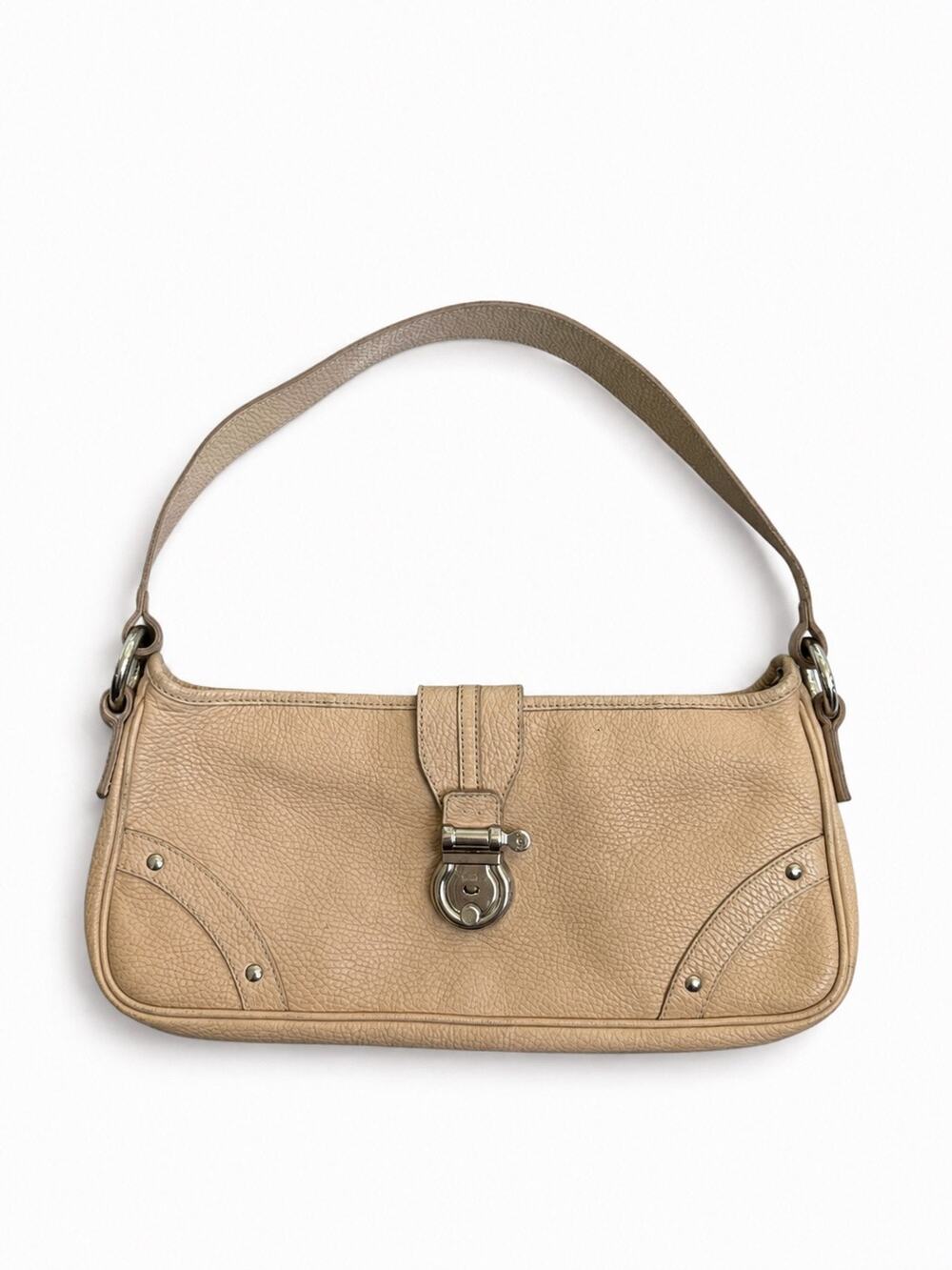 Vintage Burberry London Beige Pebbled Leather Stirrup Buckle Shoulder Bag Y2K
